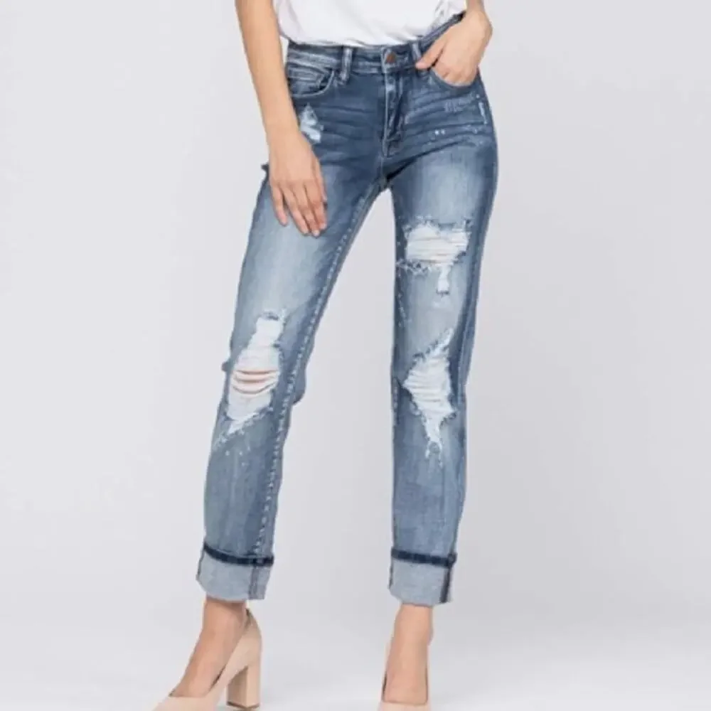 Judy Blue Destroyed Bleach Splattered Cuffed Boyfriend Jean Size 5/27 - Picture 1 of 9